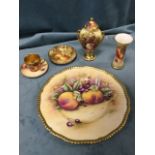 Three signed Royal Worcester cabinet fruit decorated pieces - a waisted vase, a cup & saucer and a