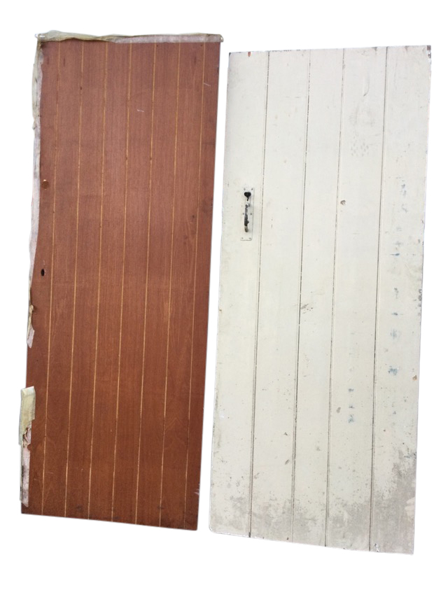 A painted rectangular batten door mounted with suffolk latch - 31in x 77.5in; and a modern