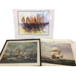 Christene Blair, pen & ink with watercolour, study of sailing junks tied up, signed & mounted; a