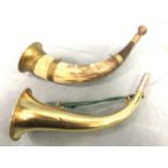 A Victorian hunting horn with brass mounts and flared rim; and a Max Reiner horn with rolled rim and