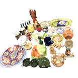 Miscellaneous ceramics including a Maling Maltese pattern ashet, Wedgwood, a cat toastrack,