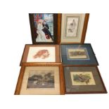 Six framed antique prints - an 1863 handcoloured engraving of the Light Dragoons Lancers published