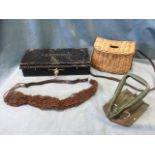 A Royal Kent regiment tin box with brass handle; a cane fishing creel with leather shoulder strap; a