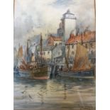John Davidson Liddell, pencil & watercolour, North Shields fish quay with boats tied up and