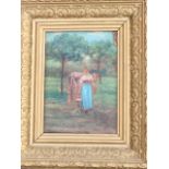 D’apei? Roll, nineteenth century oil on board, milkmaid with cow in landscape, signed, in gilt &