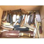 A collection of knives including bone & wood handled, sheath knives, Sheffield, horn, mother-of-