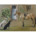 Jamie Robson, pastel, study of a horse and two dogs outside farmhouse door, signed, mounted &