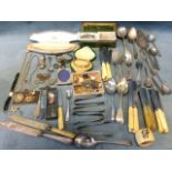 Miscellaneous silver plated flatware including sets of knives, forks, spoons, sugar tongs, jam