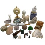 Miscellaneous carved stone, shells, vases, soapstone, carvings, sea urchin shells, a polished