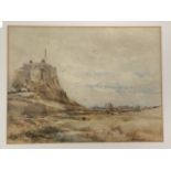 George Horton, pencil and watercolour, Lindisfarne Castle looking towards Holy Island village,