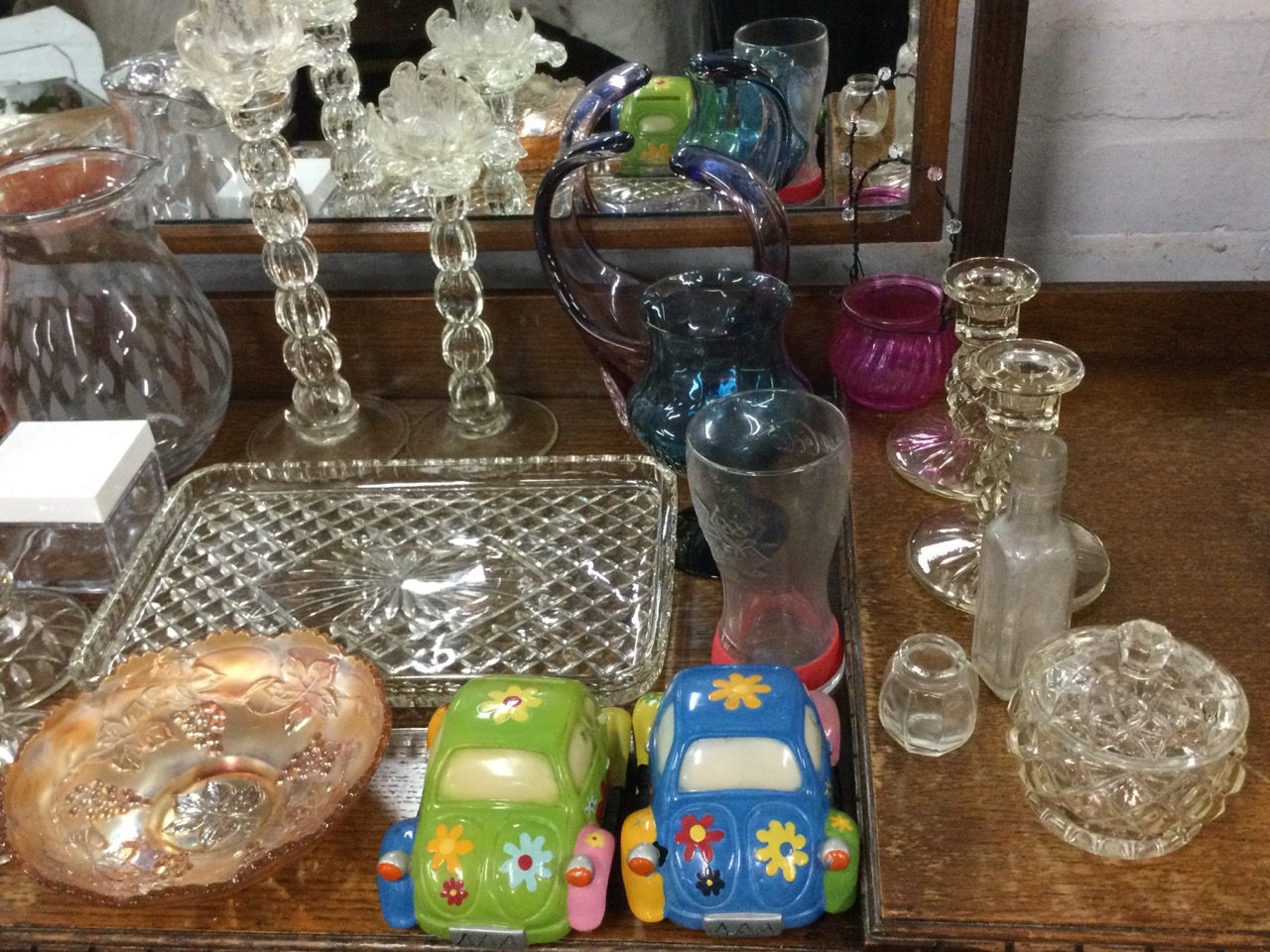 Miscellaneous glass including a carnival glass bowl, an acid etched jug, a dressing table set on - Image 2 of 3