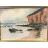 J Short, Victorian watercolour, South Shields cliff with figures on foreshore, signed, mounted &