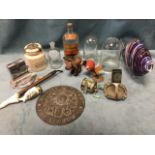 Miscellaneous collectors items including a Record multiplier reel, a Victorian brass safe plate,
