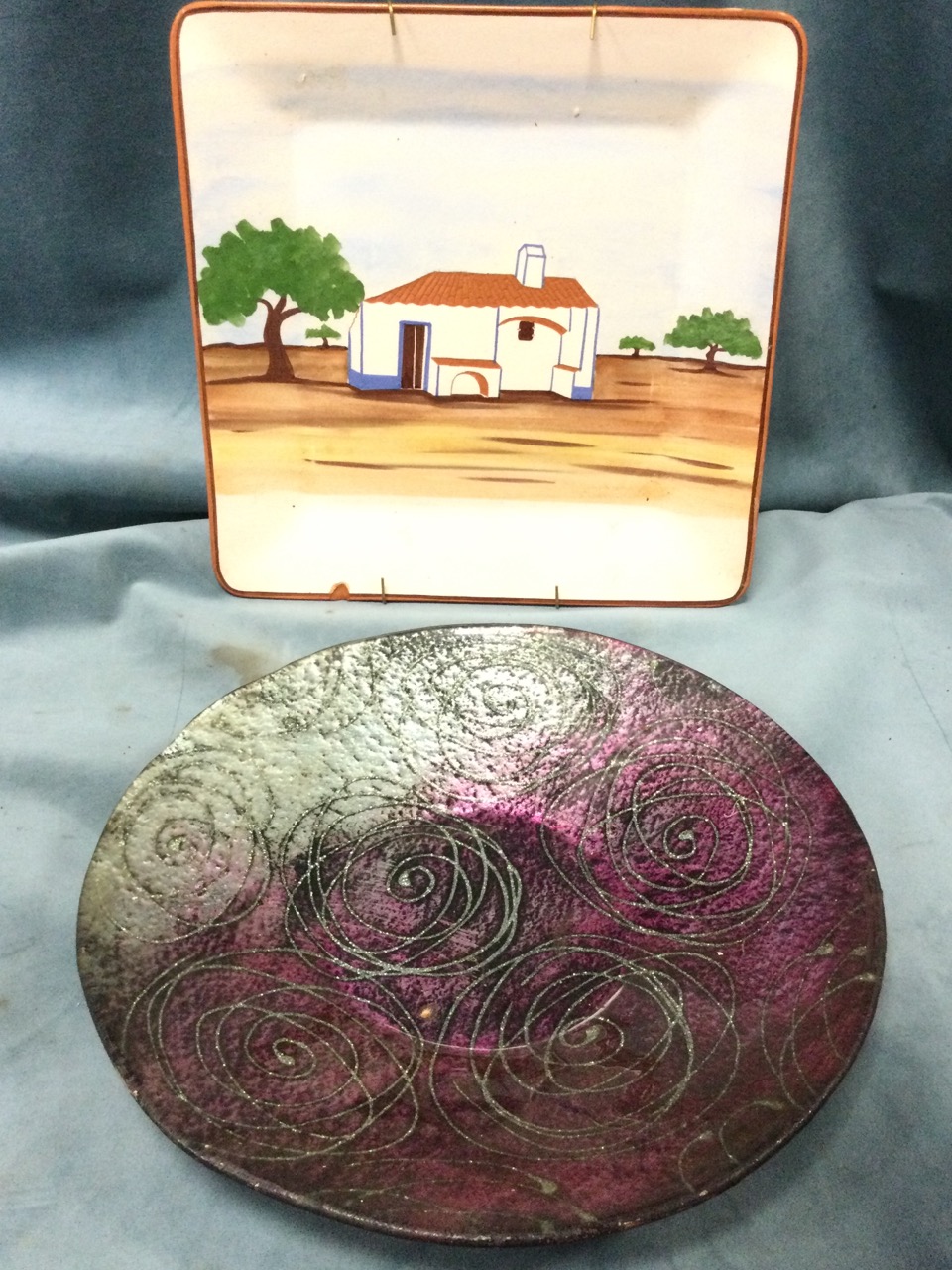 An aluminium armillary sphere on circular stepped stand; a square handpainted terracotta - Image 2 of 3