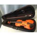 A cased modern violin & bow. (23.25in)