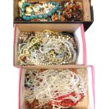 Three shoeboxes of necklaces - beads, glass, faux pearls, jet type, lustre, bone, mother-of-pearl,