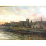 H Church, oil on canvas, study of an abbey at sunset - looking across water, signed and in later