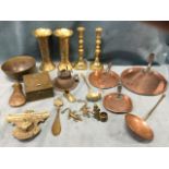 Miscellaneous brass & copper including a pair of vases, a tin moneybox, ornaments, a Victorian