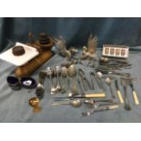 Miscellaneous silver plate including cutlery, base metal table ornaments, nutcrackers, a pair of