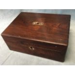 A Victorian rosewood sewing box with mother-of-pearl inlaid decoration to escutcheon and hinged lid,