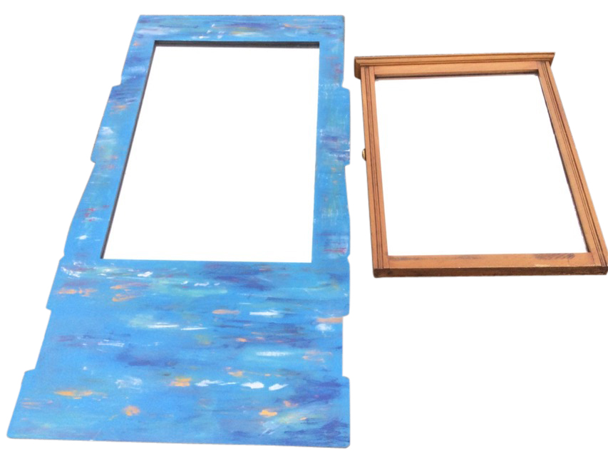 A rectangular mirror in blue painted shaped frame; and a Victorian ash framed mirror with reeded