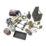 Miscellaneous metalware including three pairs of wall candle brackets, a bottle carrier, a cast