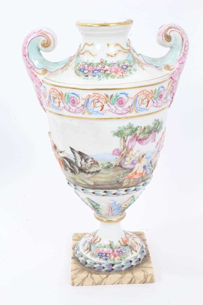 Good 19th century Capodimonte garniture of urns, decorated in relief with mythological scenes, on sq - Image 18 of 21