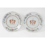 Pair antique 18th century Chinese Armorial famille rose porcelain plates, the motto reading 'Nobilis