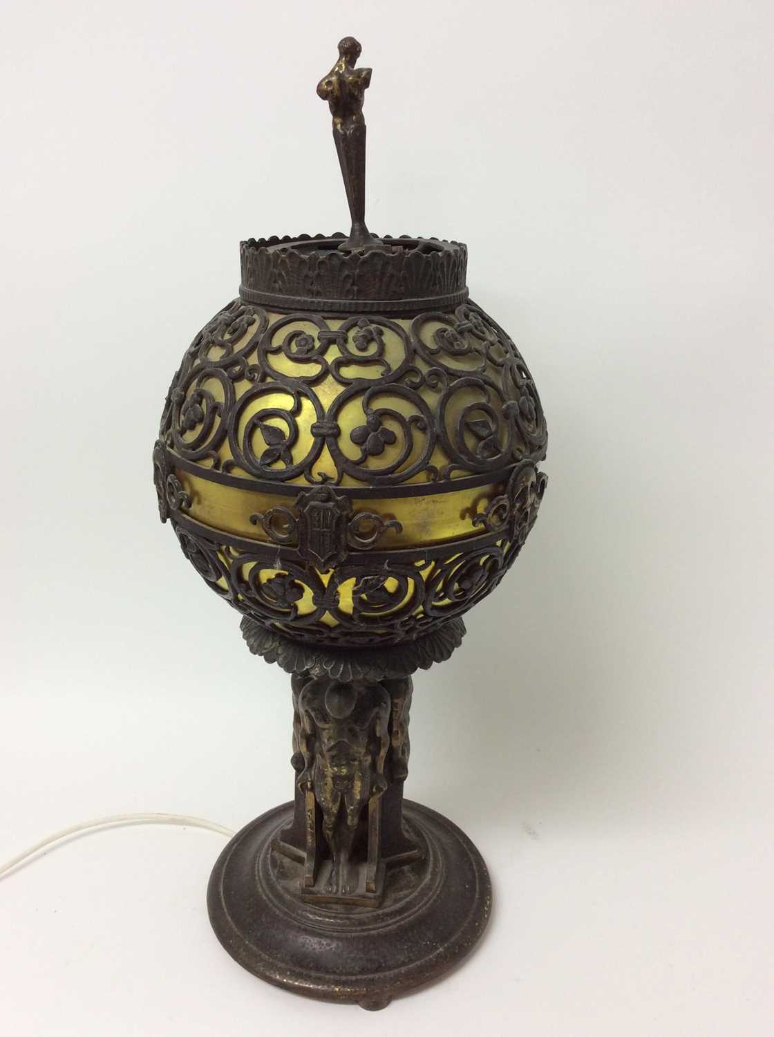 Early 20th century Continental metalware and iridescent glass table lamp - Image 3 of 8