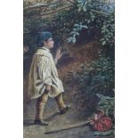 Victorian watercolour boy with pack, signed with monogram