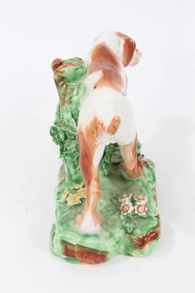 Late 18th century Derby porcelain model of a Pointer, shown mid-stride on a grassy base, 16cm length - Image 5 of 6