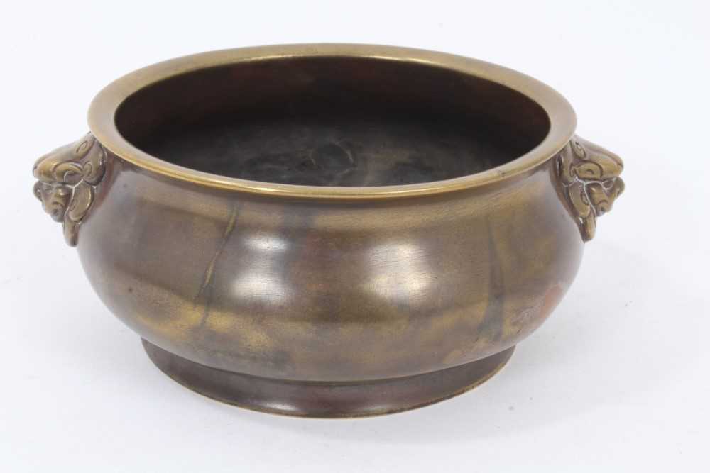 18th / 19th century Chinese bronze censer with lion mask handles, six-character Xuande mark to base