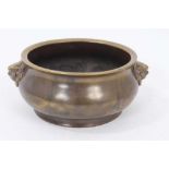 18th / 19th century Chinese bronze censer with lion mask handles, six-character Xuande mark to base
