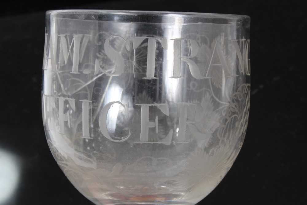 Unusual antique Georgian glass goblet, engraved 'WILLIAM STRANGE OFFICER', with etched and cut grape - Image 4 of 9