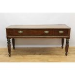 Regency mahogany flatbed piano converted to a side table, rounded rectangular form with one long and