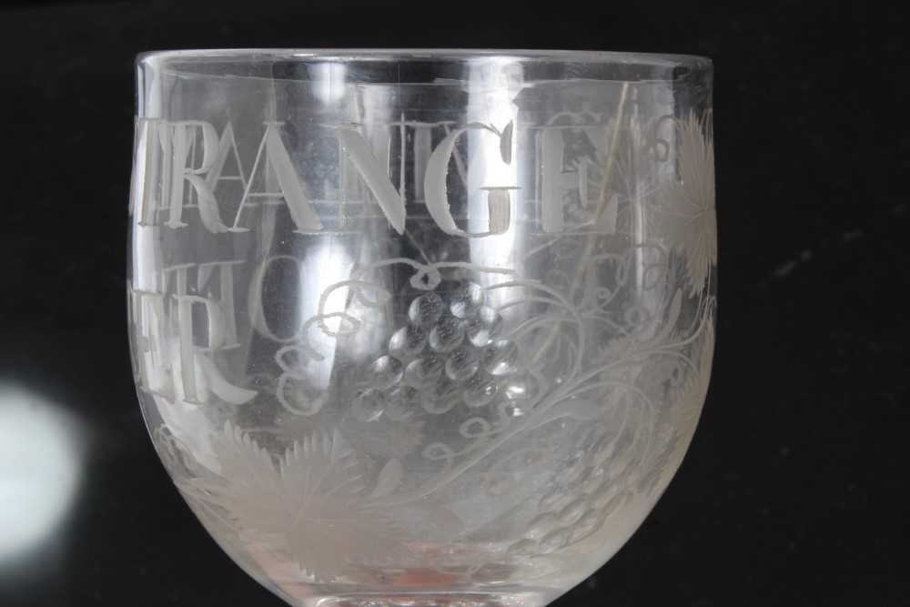 Unusual antique Georgian glass goblet, engraved 'WILLIAM STRANGE OFFICER', with etched and cut grape - Image 5 of 9