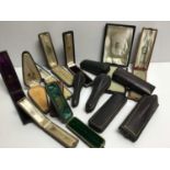 Collection of 16 antique leather jewellery boxes for stick pins