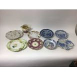 Masons blue printed shell shaped dish, a Ridgway blue printed two handled dish and other ceramics