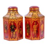 Fine pair of 19th century toleware tea canisters and covers of octagonal form with original chinoise