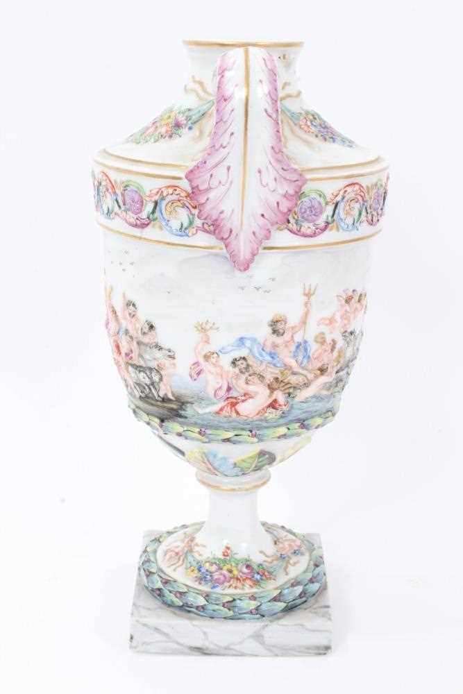Good 19th century Capodimonte garniture of urns, decorated in relief with mythological scenes, on sq - Image 3 of 21