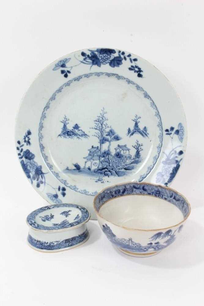 Three pieces of 18th century Chinese blue and white export porcelain, including landscape painted di