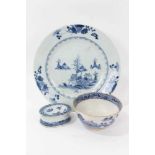Three pieces of 18th century Chinese blue and white export porcelain, including landscape painted di