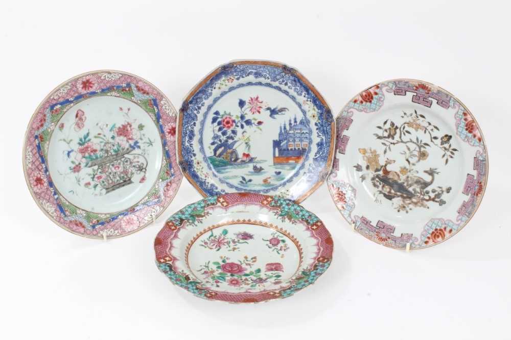 Four 18th century Chinese famille rose porcelain dishes, including two painted with flowers, another