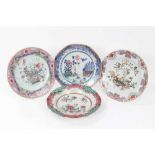 Four 18th century Chinese famille rose porcelain dishes, including two painted with flowers, another