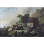 19th century, Continental School, oil on canvas - figures and cattle before a cottage, in gilt frame