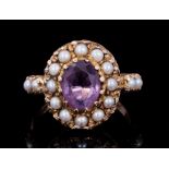 Victorian-style 9ct gold amethyst and cultured pearl cluster ring with an oval mixed cut amethyst su