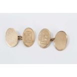 Pair Gentleman's 9ct gold Rolls-Royce oval cufflinks with engraved logos and engine turned decoratio