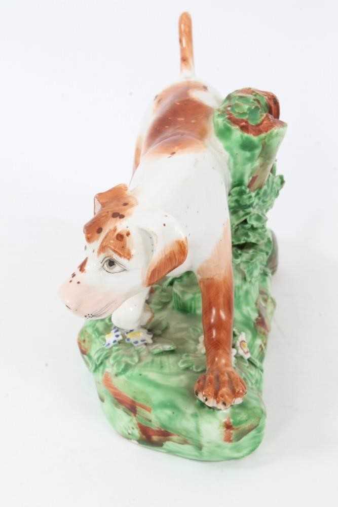 Late 18th century Derby porcelain model of a Pointer, shown mid-stride on a grassy base, 16cm length - Image 3 of 6