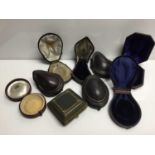 Collection of nine antique leather jewellery boxes, mostly for lockets and pendants