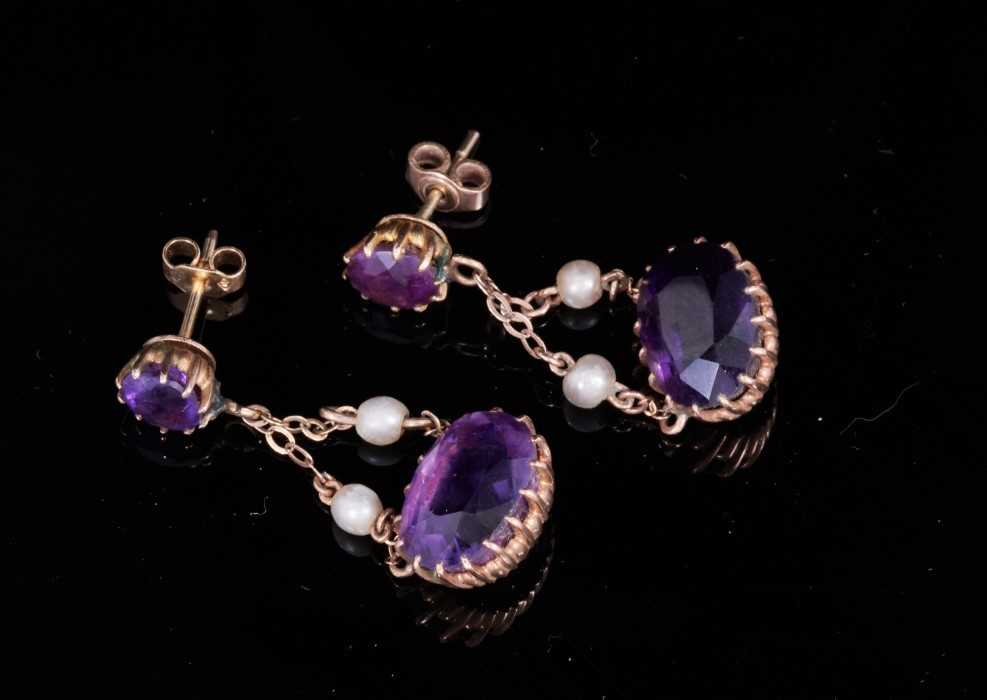 Pair of amethyst and cultured pearl pendant earrings with an oval mixed cut amethyst measuring appro - Image 2 of 4